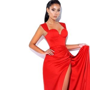 Zayda Red High Slit Corset Satin Gown